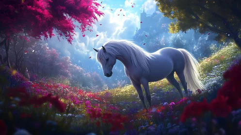Moonlit meadow stallion pausing in a painted dreamscape.