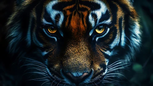 Intense tiger close up with glowing golden eyes at night.