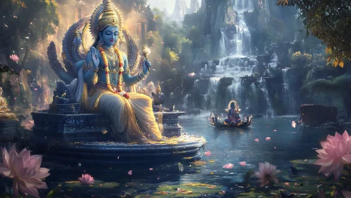 Serene blue deity by lotus lake in a dreamy waterfall haven.