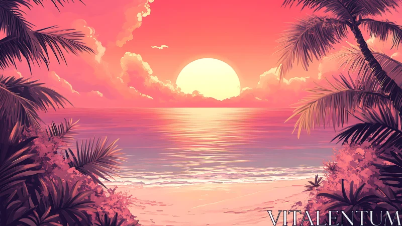 Sunset paints tropical waves while palm silhouettes quietly listen