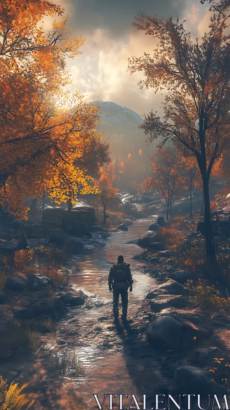 Solitary hiker on wet forest path below distant mountain.