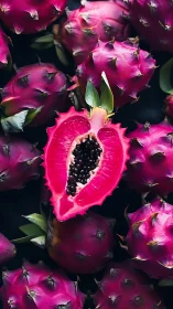 Cross-section of pink tropical fruit among whole specimens.