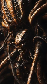 Brooding alien horror tangled in gleaming organic coils.