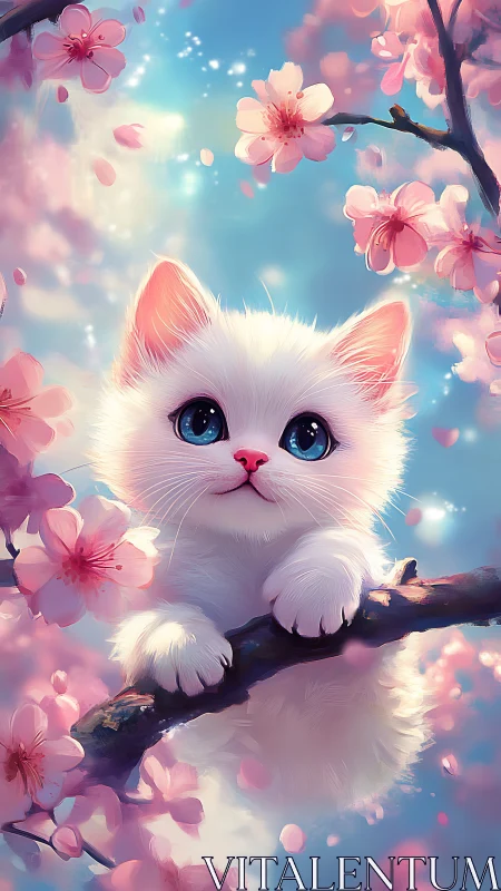 White Cat with Blue Eyes Among Blooming Pink Flowers
