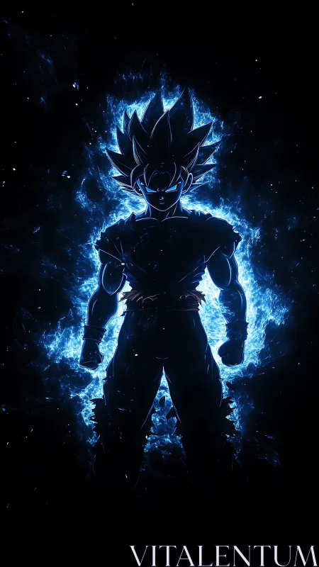 Electric warrior silhouette wrapped in cosmic blue power.