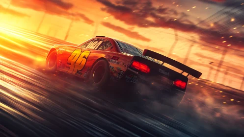 Sunset-scorched stock car slingshots through liquid asphalt.