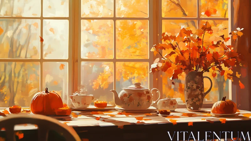 Golden autumn tea table glows beside a sunlit window.