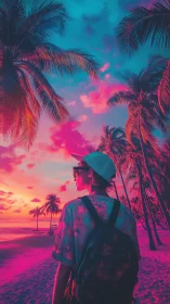 Neon tropical sunset frames a traveler on vivid beachscape.