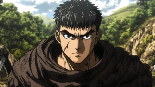 Battle-hardened warrior in rugged anime forest setting.