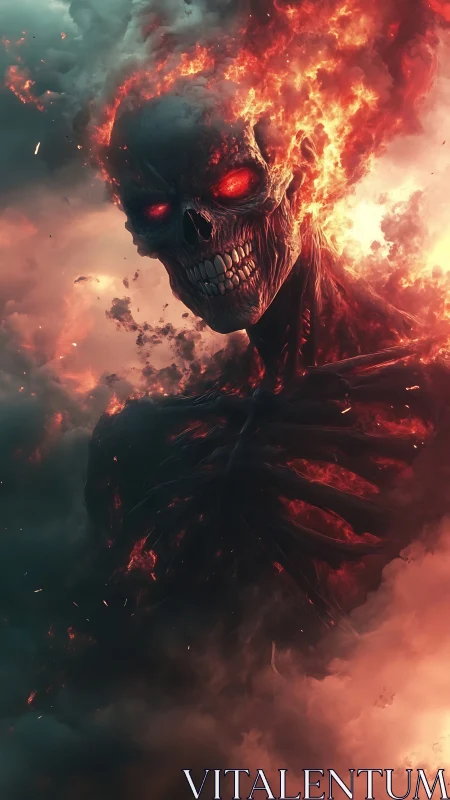 Flaming skeletal figure with molten ribs in smoke-filled sky.