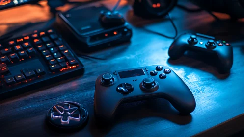 Pro gaming controller under neon blue and orange light.