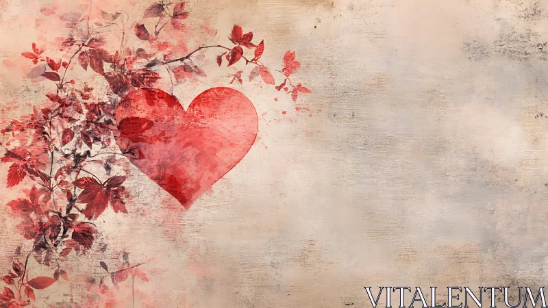Red Heart with Autumn Foliage on Textured Background