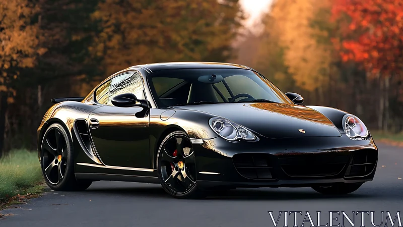 Black sports coupe parked on forest road at sunset.