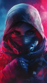Neon hooded ghost operative in frozen crimson standoff.