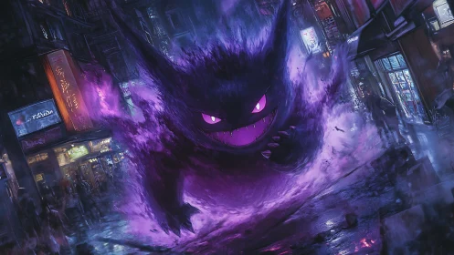 Ghostly monster erupts in neon alleyway with swirling energy.