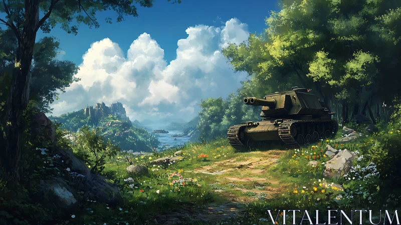 Tank positioned in lush valley landscape under clouds.