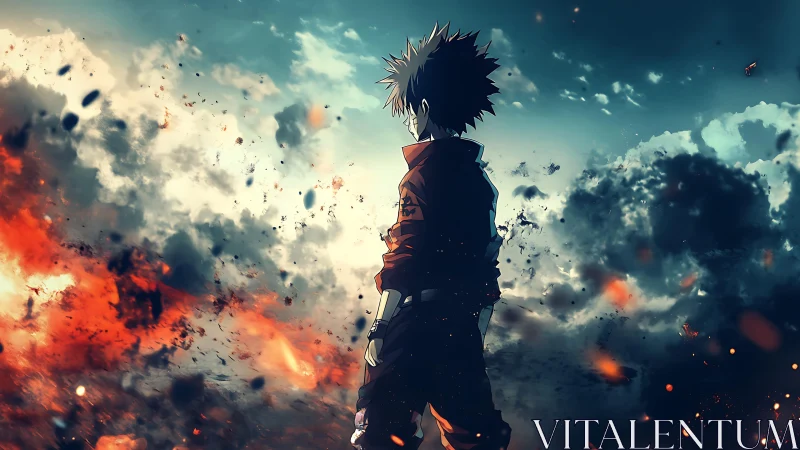 Silhouetted anime figure amid clouds and drifting embers.
