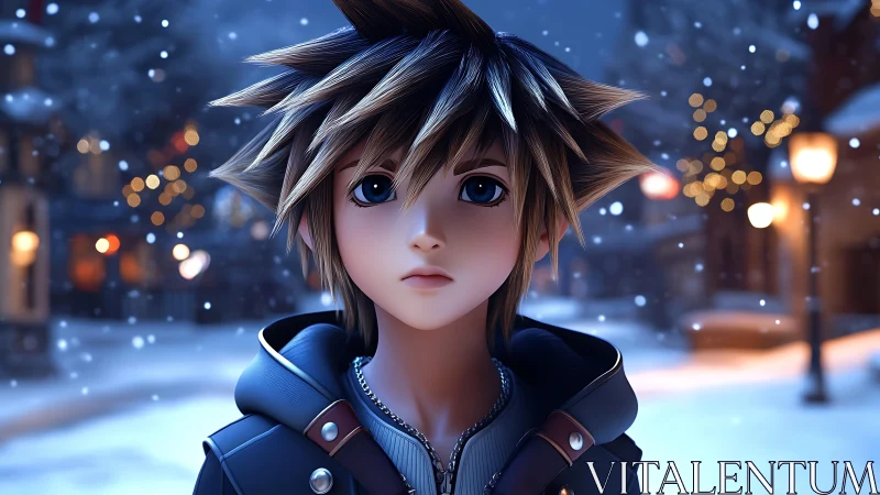 Snowlit anime boy in winter street with shallow depth of field