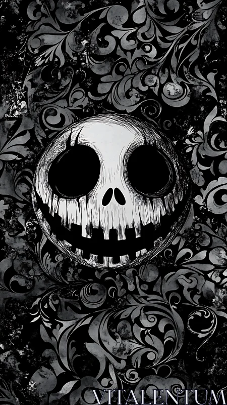 Monochrome skull-like face centered in dense ornamental pattern