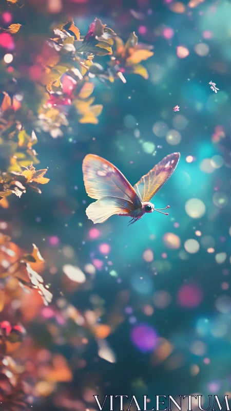 Butterfly in shallow-focus garden with colorful bokeh light.