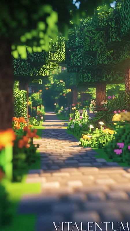 Pixelated forest path extends through sunlit blocky garden