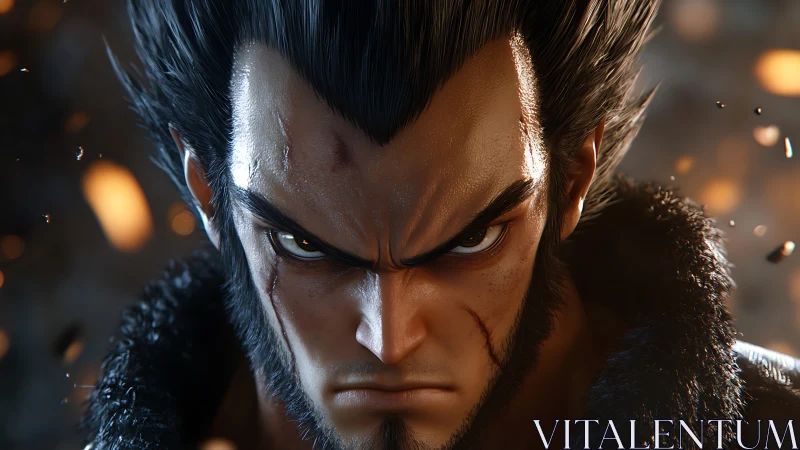 Digital close up shows stern male character with sharp lighting