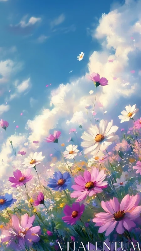Field of cosmos flowers under cumulus cloud formations in bright daylight.