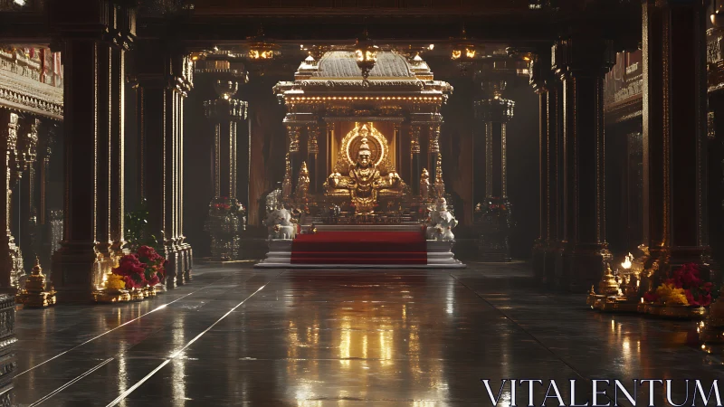 Gilded temple hall gathers all light around a serene deity