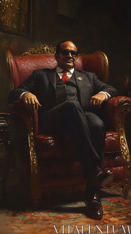 Regal gentleman reclining in a richly gilded armchair.