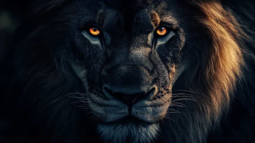 Close frontal portrait of lion with illuminated amber eyes.