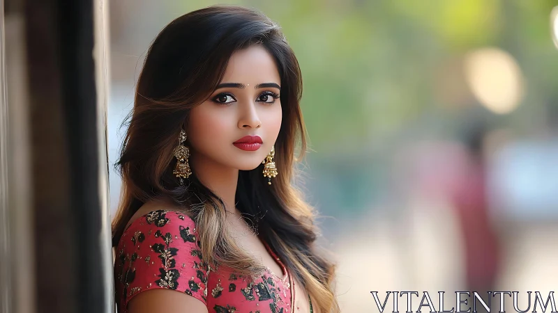 Portrait of woman in traditional attire outdoors. Period.