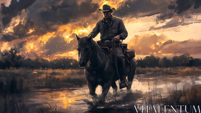 Solitary cowboy rides through reflective marsh at dusk.