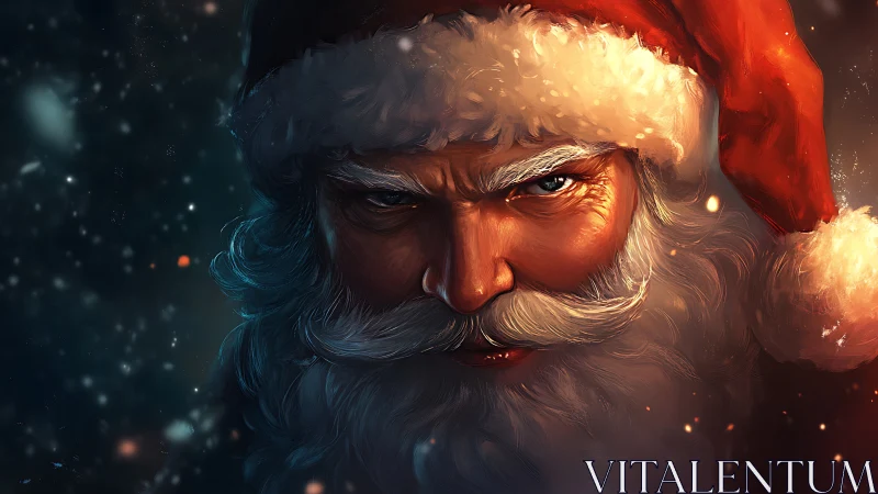 Intense Santa portrait in dramatic holiday lighting close-up.