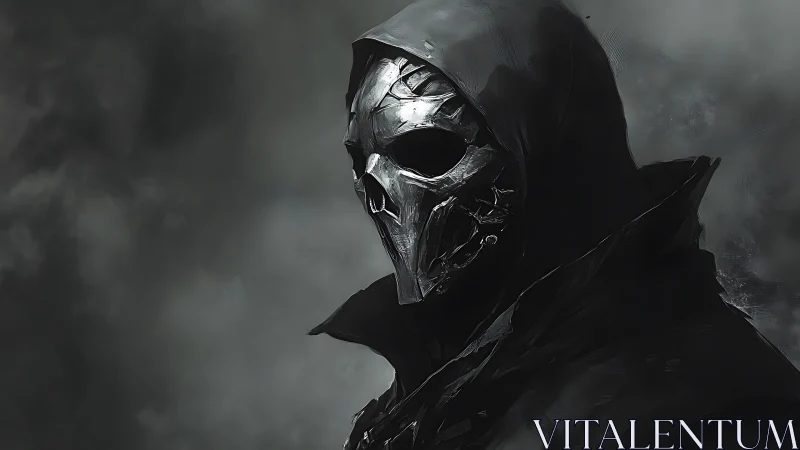 Hooded figure wears fractured metal skull mask in fog