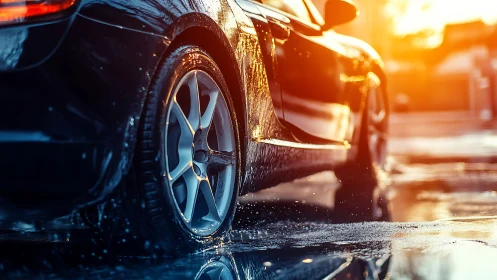 Sports car rear wheel in wet street at bright sunset.