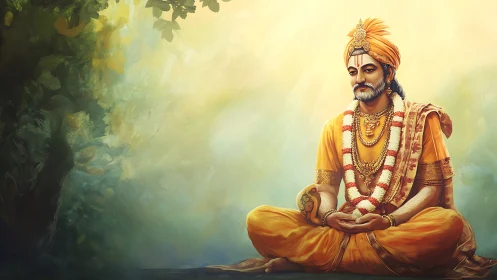 Serene orange-robed sage in golden forest light meditation.