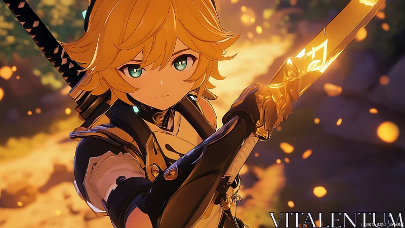 Anime swordsman with glowing blade in warm forest light.