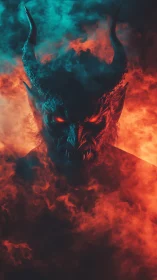 Horned demon emerges from fire and smoke in vivid contrast