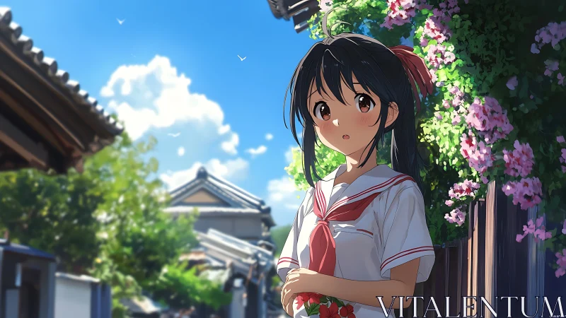 Summer light on schoolgirl beside blooming garden wall.