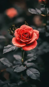Coral Rose with Buds Against Dark Garden Backdrop.