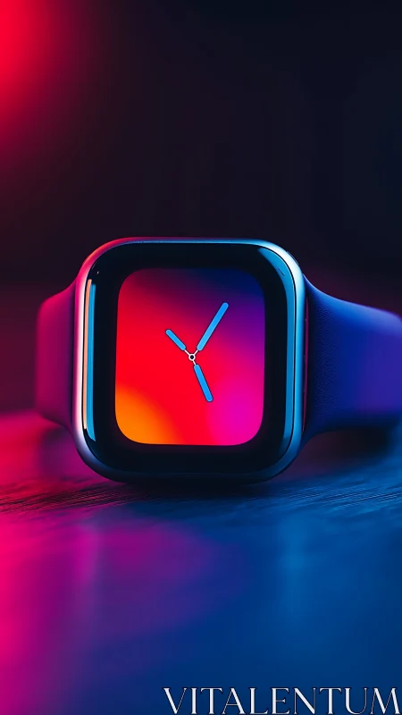 Smartwatch glows under neon gradients on reflective surface.