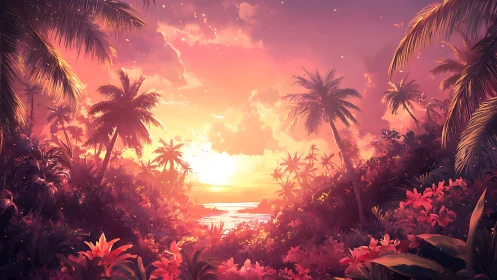 Tropical skyfire sunset ignites lush palm island cove.