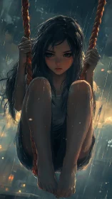 Solitary girl on a rain-soaked swing glows in city twilight