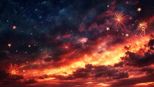 Celestial fireworks burst above a blazing twilight cloudscape