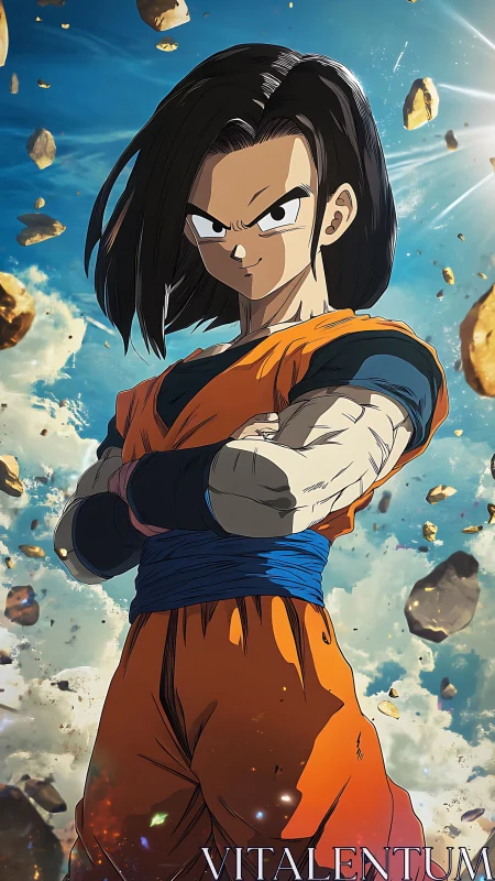 Anime warrior stands confident amid floating rocky debris.