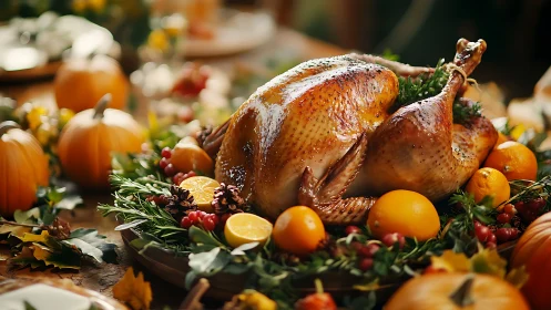 Photorealistic roast turkey centerpiece on autumn harvest table.