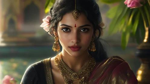 Graceful woman in traditional jewelry meets the viewer’s gaze