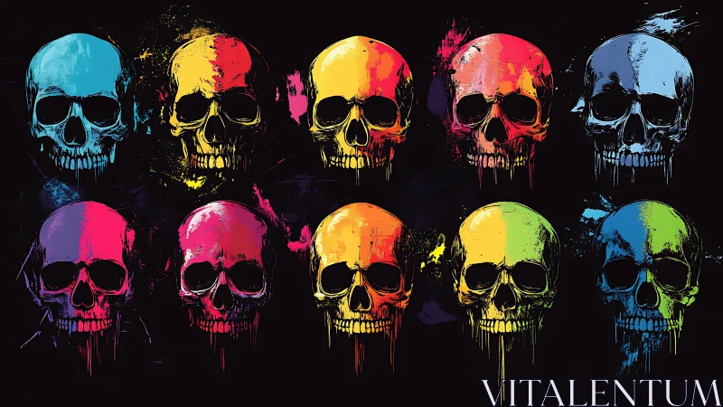 Rowed neon skull illustrations form dripping pop pattern