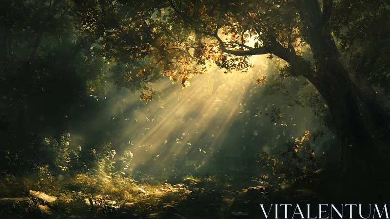 Golden morning sunlight pours gently into a quiet forest glade