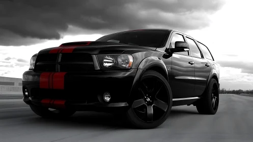 Black muscle SUV dominates stormy highway with red stripes